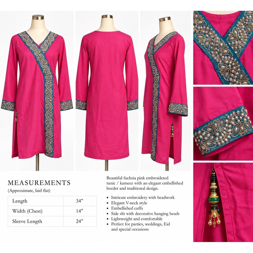 Women's Hot Pink Pakistani Kurti Tunic Blue Gold Embroidered Long Sleeve DressB6